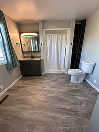 a shower and a sink in a small room